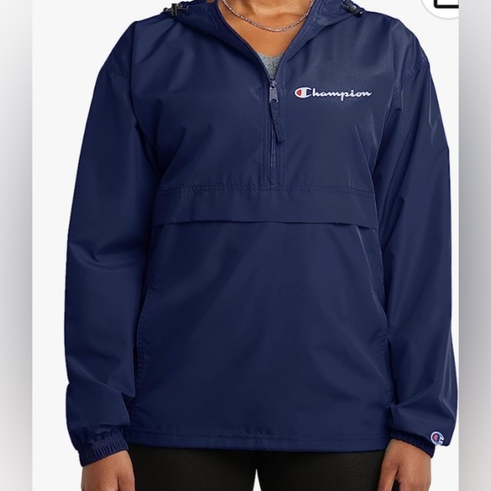 Champion lightweight jacket with hoodie. Packable half zipper with poc…